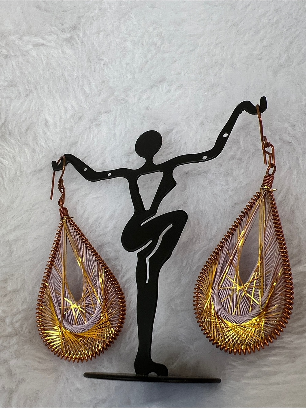 Copper Teardrop Wire Earrings with Gold and Lavender Accents